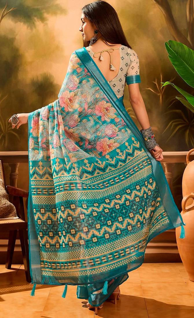 Teal linen floral printed casual saree with blouse piece