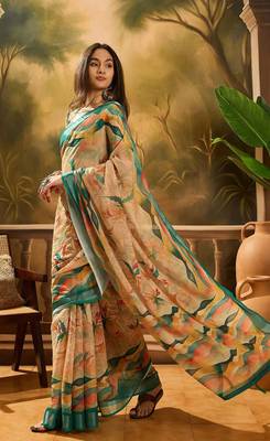 Multicolor linen floral printed casual saree with blouse piece 2