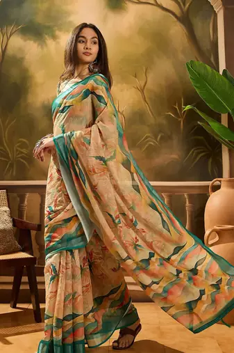 Multicolor linen floral printed casual saree with blouse piece