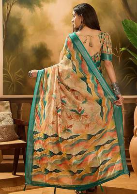 Multicolor linen floral printed casual saree with blouse piece 3