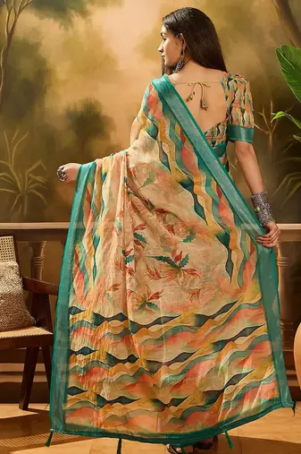 Multicolor linen floral printed casual saree with blouse piece