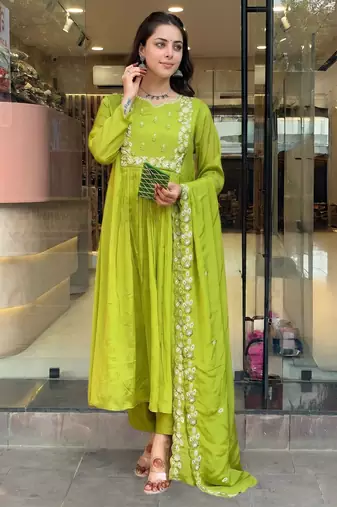 Embroidered Chinon Straight Kurta, Pant and Dupatta Set