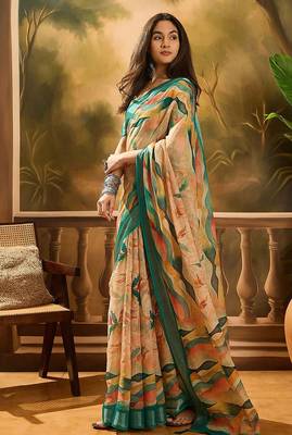 Multicolor linen floral printed casual saree with blouse piece 4