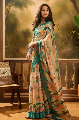 Multicolor linen floral printed casual saree with blouse piece
