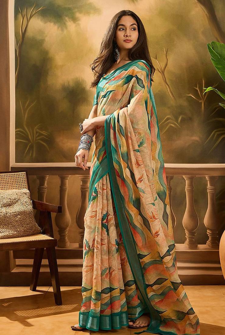 Multicolor linen floral printed casual saree with blouse piece