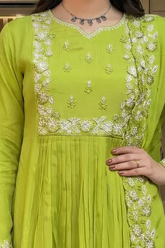 Embroidered Chinon Straight Kurta, Pant and Dupatta Set