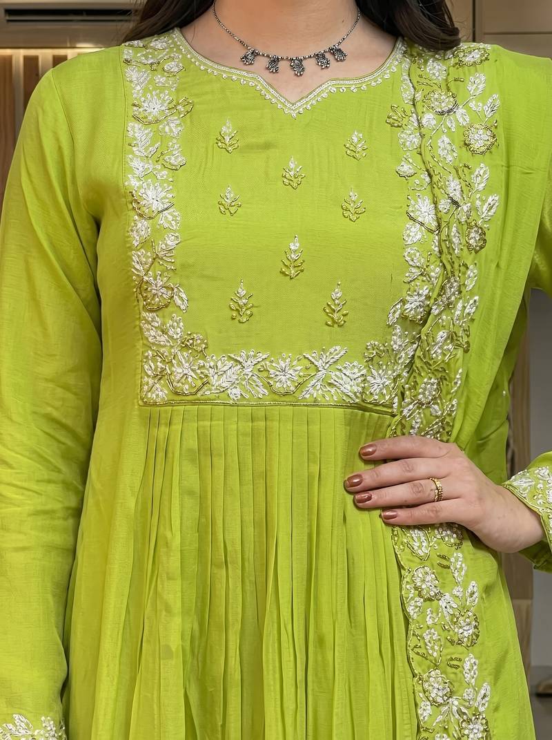 Embroidered Chinon Straight Kurta, Pant and Dupatta Set