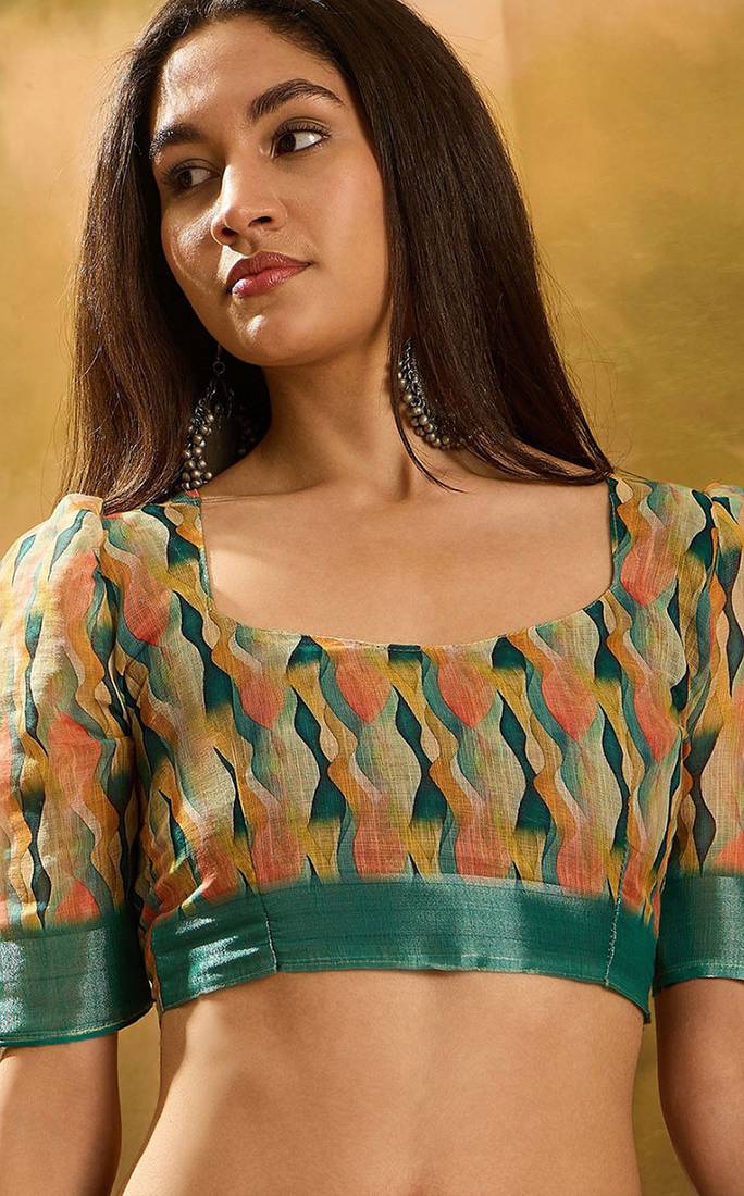 Multicolor linen floral printed casual saree with blouse piece
