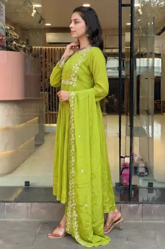 Embroidered Chinon Straight Kurta, Pant and Dupatta Set