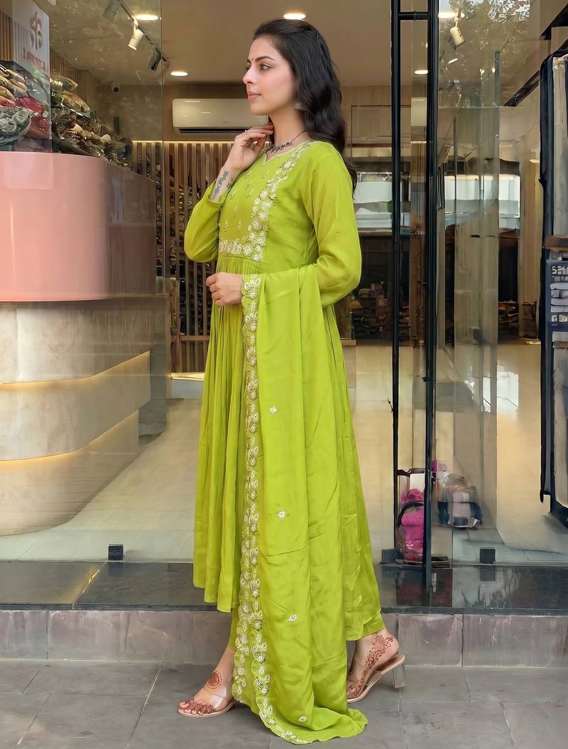 Embroidered Chinon Straight Kurta, Pant and Dupatta Set