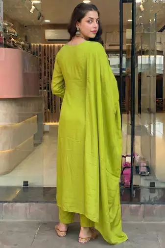 Embroidered Chinon Straight Kurta, Pant and Dupatta Set
