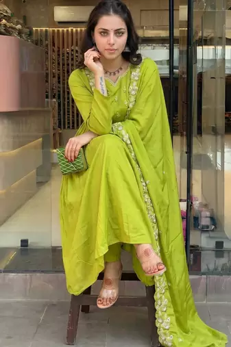 Embroidered Chinon Straight Kurta, Pant and Dupatta Set