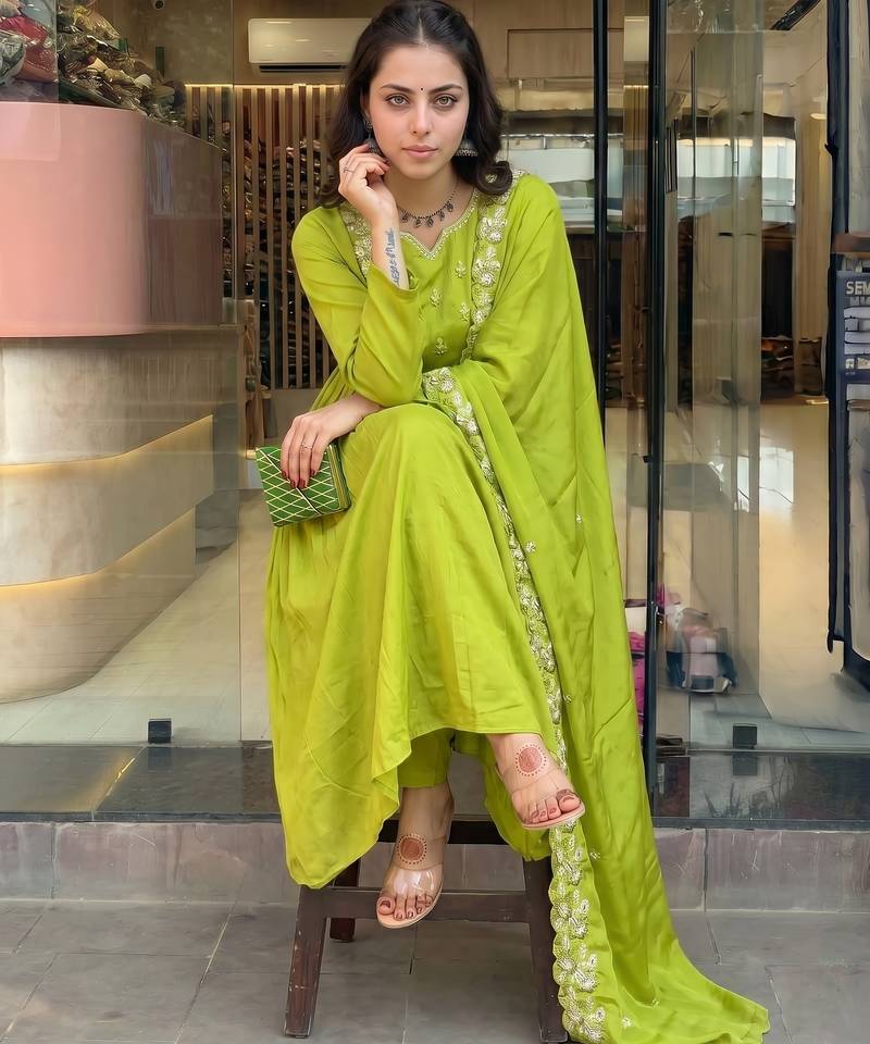 Embroidered Chinon Straight Kurta, Pant and Dupatta Set