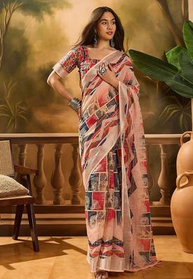Multicolor linen floral printed casual saree with blouse piece 1