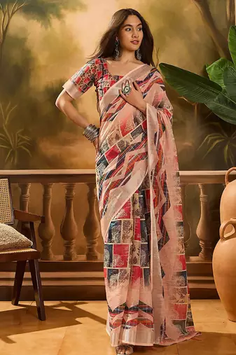 Multicolor linen floral printed casual saree with blouse piece