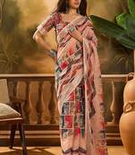 Multicolor linen floral printed casual saree with blouse piece