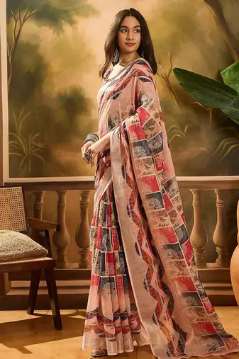 Multicolor linen floral printed casual saree with blouse piece