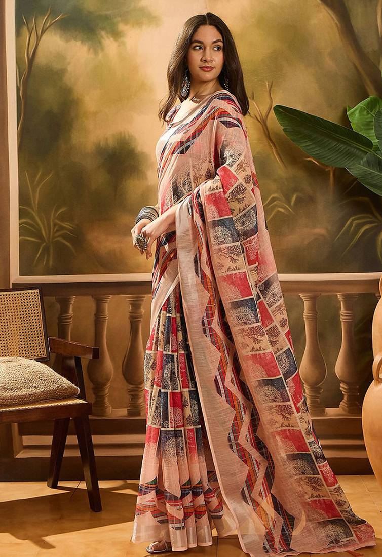 Multicolor linen floral printed casual saree with blouse piece