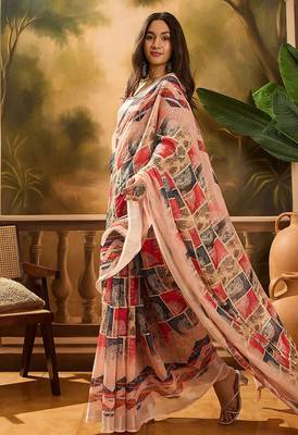 Multicolor linen floral printed casual saree with blouse piece 3