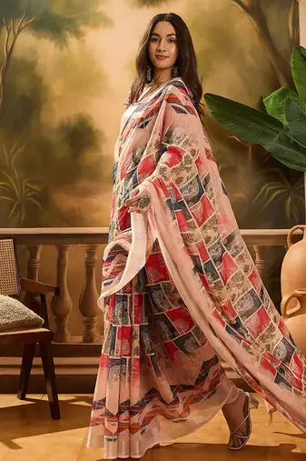 Multicolor linen floral printed casual saree with blouse piece