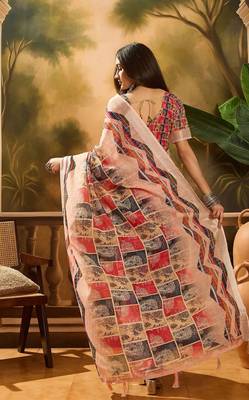 Multicolor linen floral printed casual saree with blouse piece 4