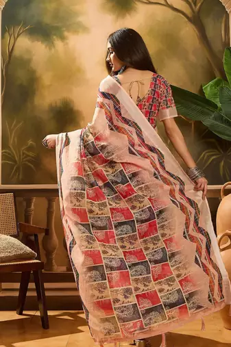 Multicolor linen floral printed casual saree with blouse piece
