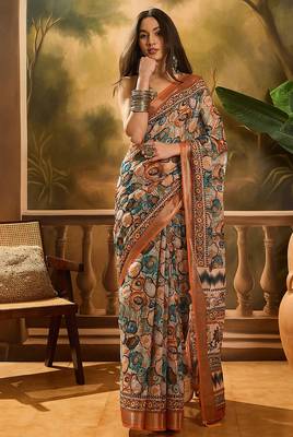 Multicolor linen geometric printed casual saree with blouse piece 1
