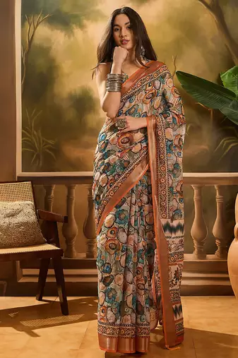 Multicolor linen geometric printed casual saree with blouse piece