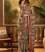 Multicolor linen geometric printed casual saree with blouse piece