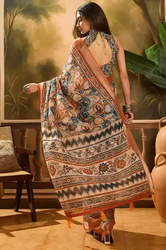 Multicolor linen geometric printed casual saree with blouse piece