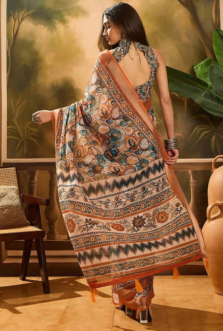 Multicolor linen geometric printed casual saree with blouse piece