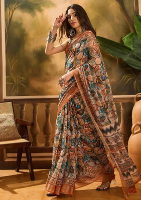 Multicolor linen geometric printed casual saree with blouse piece 3