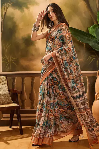 Multicolor linen geometric printed casual saree with blouse piece