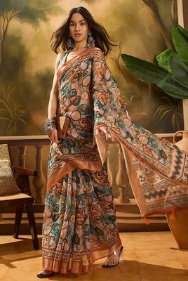 Multicolor linen geometric printed casual saree with blouse piece 4