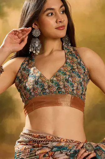 Multicolor linen geometric printed casual saree with blouse piece