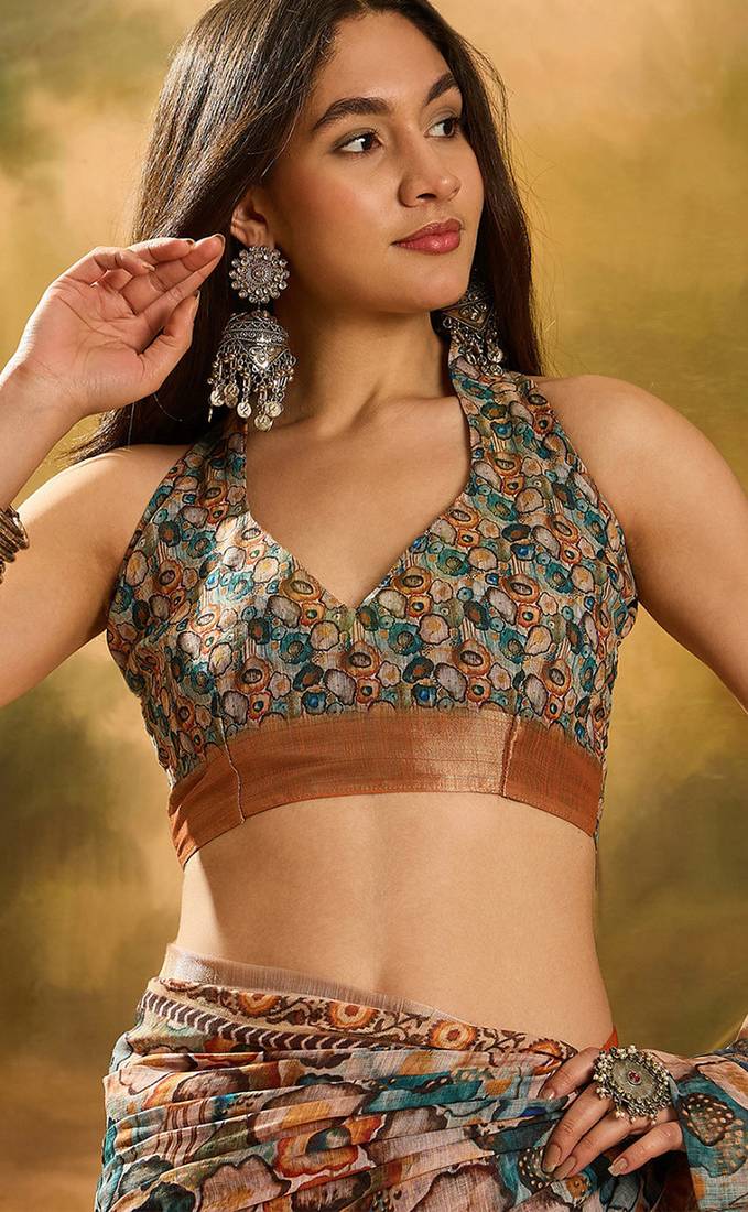 Multicolor linen geometric printed casual saree with blouse piece
