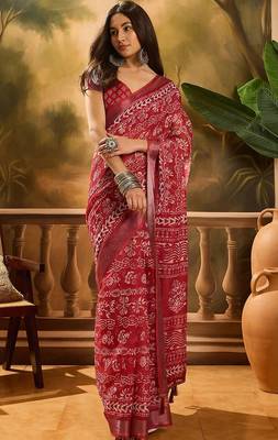Maroon linen floral printed casual saree with blouse piece 1