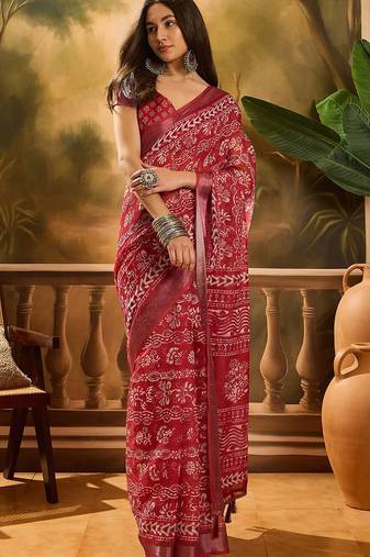 Maroon linen floral printed casual saree with blouse piece