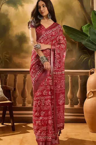 Maroon linen floral printed casual saree with blouse piece