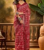 Maroon linen floral printed casual saree with blouse piece