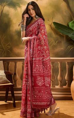Maroon linen floral printed casual saree with blouse piece 2