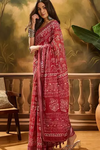Maroon linen floral printed casual saree with blouse piece