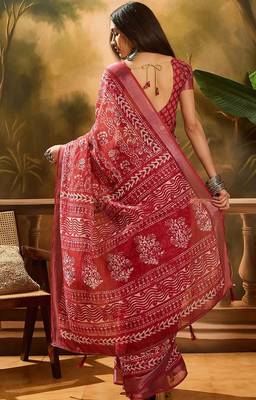 Maroon linen floral printed casual saree with blouse piece 3