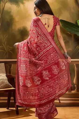 Maroon linen floral printed casual saree with blouse piece