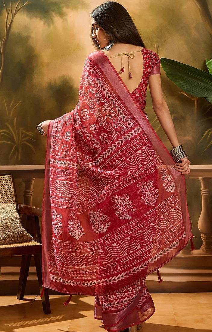 Maroon linen floral printed casual saree with blouse piece