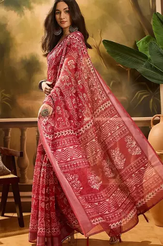 Maroon linen floral printed casual saree with blouse piece