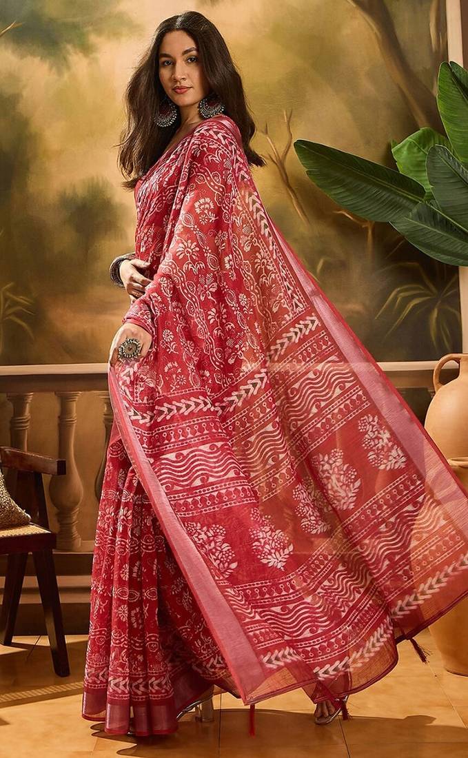 Maroon linen floral printed casual saree with blouse piece