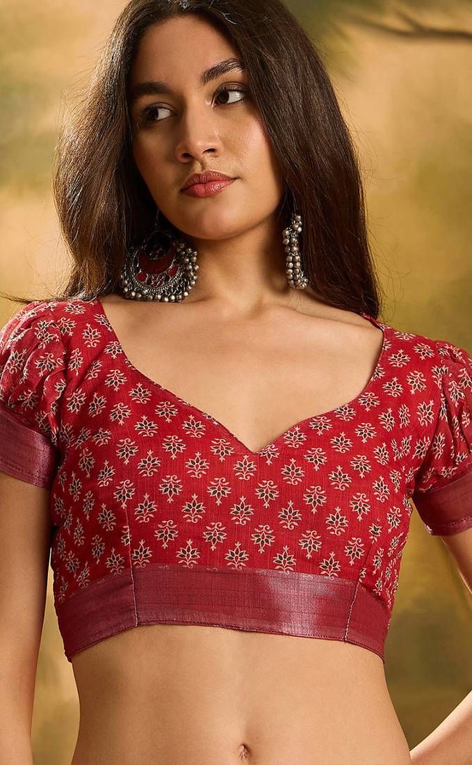 Maroon linen floral printed casual saree with blouse piece