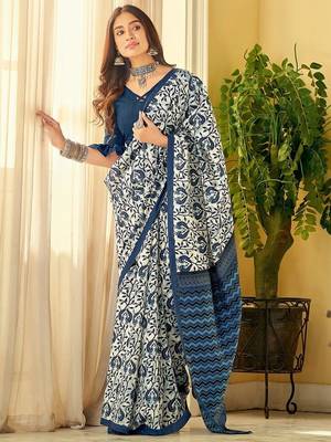 Blue linen floral printed casual saree with blouse piece 1