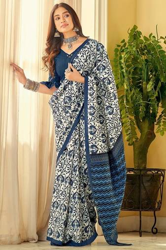 Blue linen floral printed casual saree with blouse piece